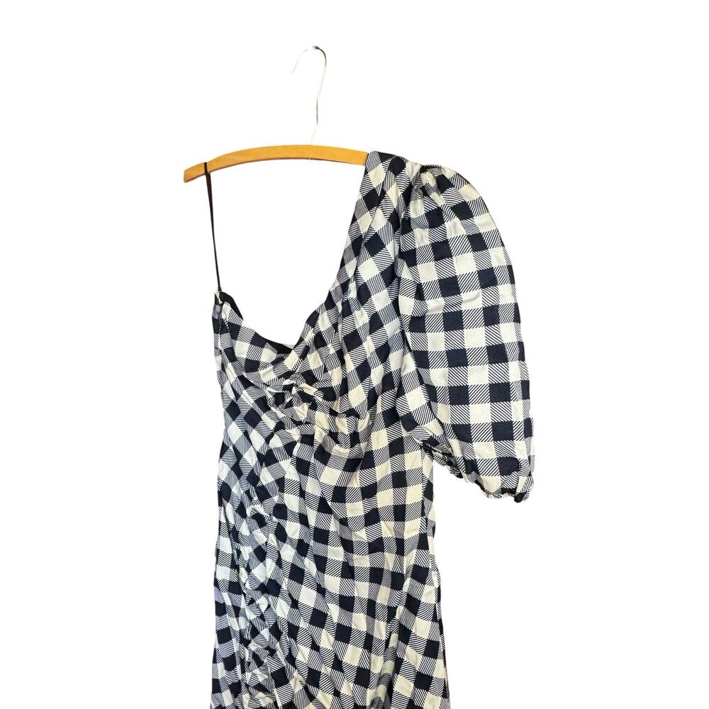 JONATHAN SIMKHAI Lux Twill One Sleeve Dress Midnight Blue Gingham Size 8 Preppy - Picture 10 of 14